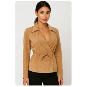 Cache’ Suede Jacket Vintage 90s Y2K Fitted Wrap Around Belt Tan Leather Size S